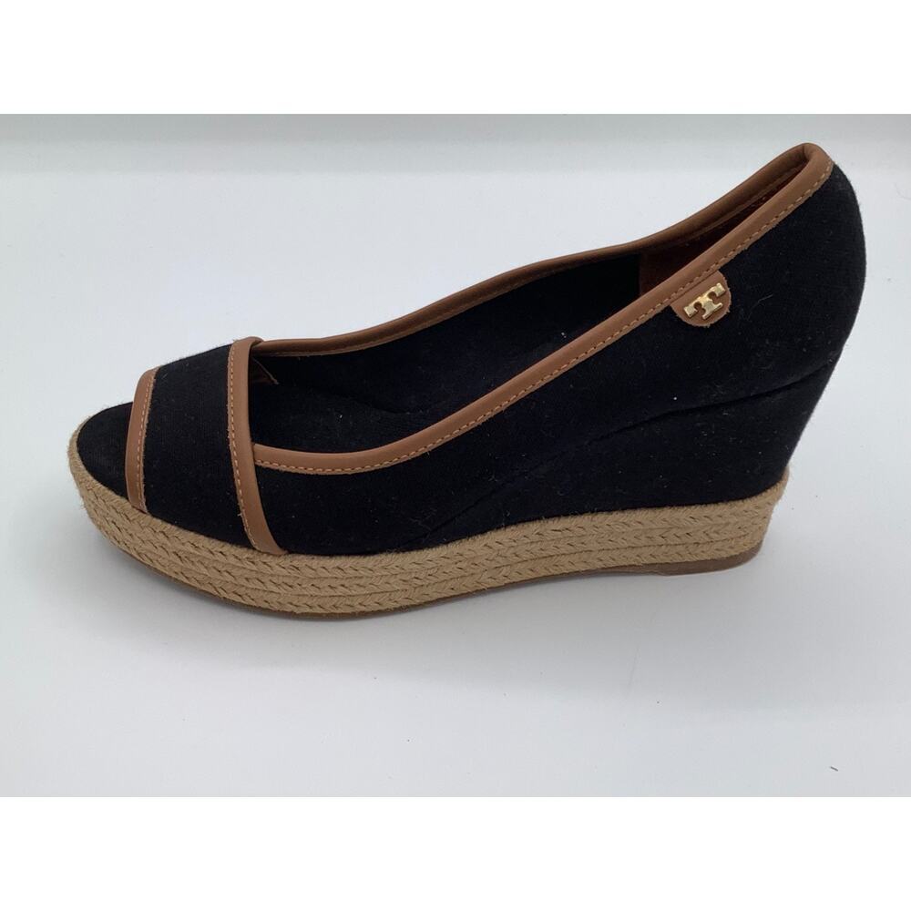 Tory Burch Black Wedges With‎ Brown Details Woven Platform Size 38 1/2 - Picture 6 of 7